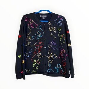 Vintage Cat Lover Black Cardigan Sweater Embroidered Colorful Yarn XL Terazzo